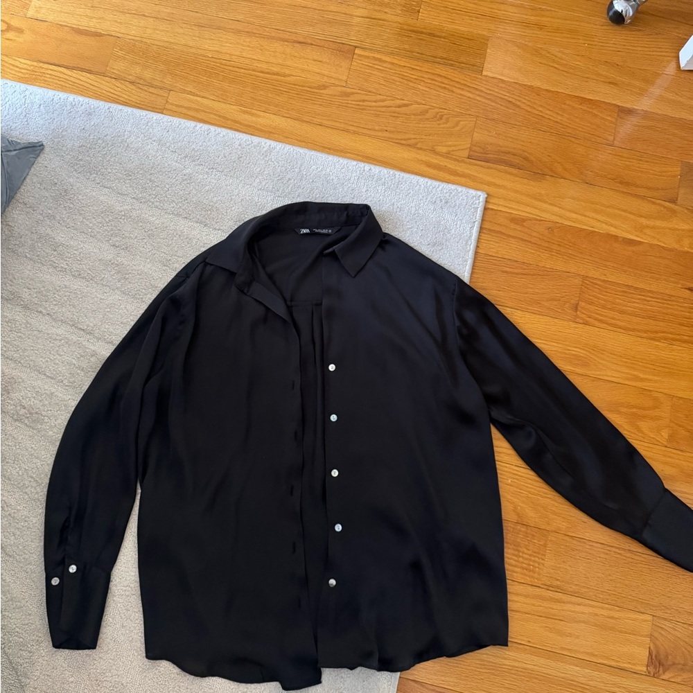 zara black satin button down (shirt pictured)